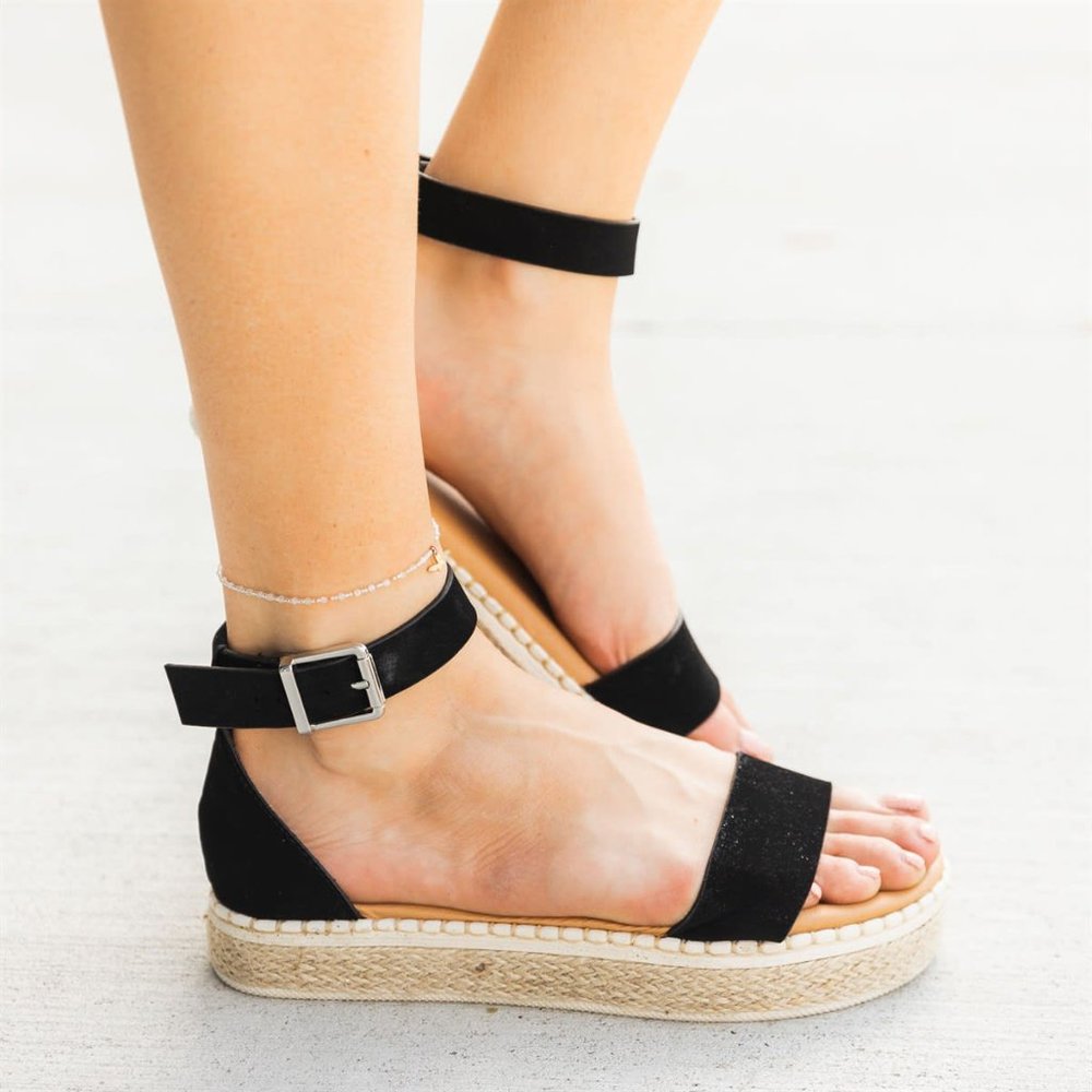 NEW Black Open Toe Low Flat Platform Heel Espadrille Jute Sandal Ankle Strap - Picture 3 of 7